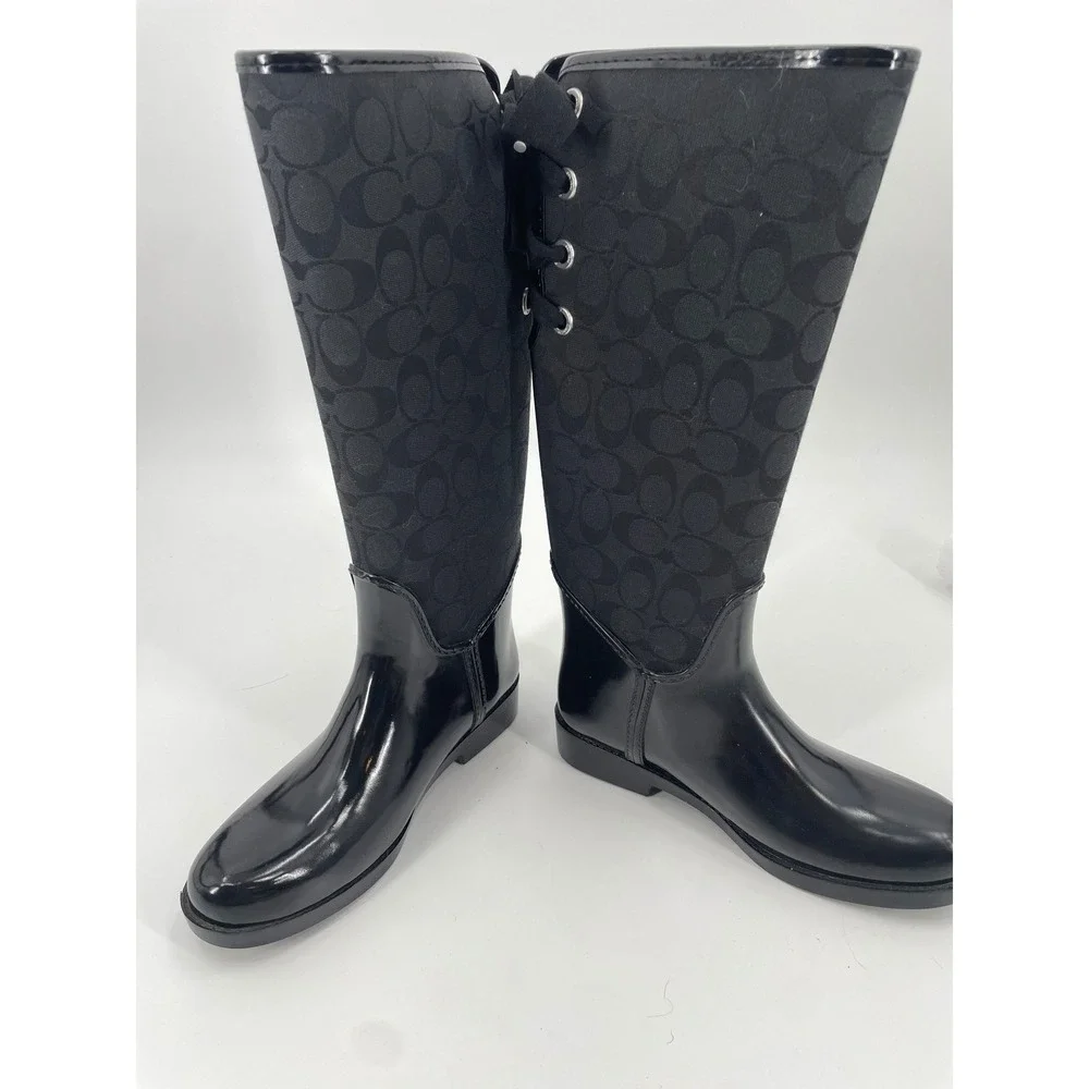 Coach Rain Boots Womens 8 Black Rubber Canvas Monogram Lace Up Tall Luxury